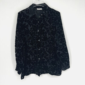 Vtg‎ Suchada Top Womens M/L Velvet Burnout Floral Button Down Boho Black